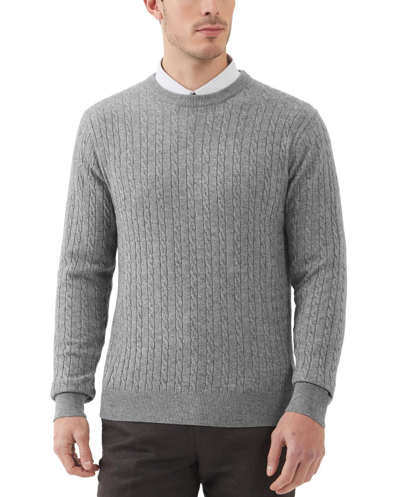 Kallspin Men's Cable Knit Crewneck Sweater Pullovers Wool Blend Relax Fit Knitwear (Light Grey, Large) - Image 1